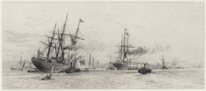 Frakt på Mersey (etsing) av Alfred Louis Brunet Debaines
