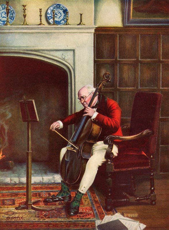 A Difficult Passage - mann som øver på cello foran bålet (fargelitho) av Alfred Lyndon Grace