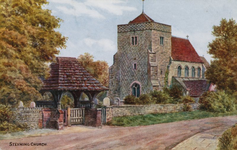 Steyning kirke (farge litho) av Alfred Robert Quinton
