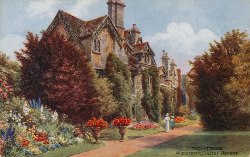 The Cottages, Worcester College, Oxford (farge litho) av Alfred Robert Quinton