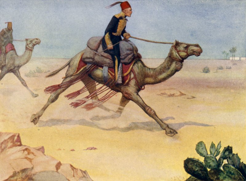 Den britiske generalen Charles George Gordon galopperer over Sahara-ørkenen på en kamel av Alfred Wallis Mills