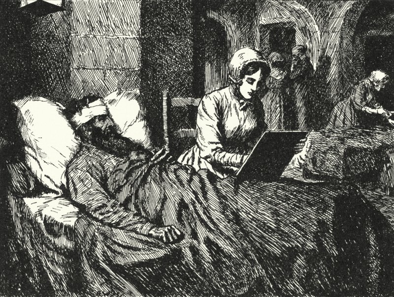 Den engelske sykepleieren Florence Nightingale skrev et brev til en soldat som ble såret i Krim-krigen på sykehuset i Scutari, 1855 av Alfred Wallis Mills