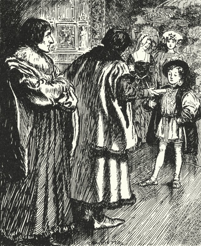 Erasmus så på Sir Thomas More som presenterer et dikt han hadde skrevet til den unge prins Henry, fremtidige kong Henry VIII av Alfred Wallis Mills