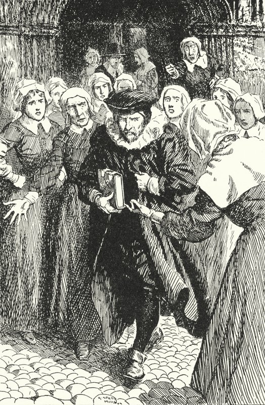 Den skotske presten William Annand fordømt av kvinnene i Edinburgh for å ha forkynt fra den nye bønneboken i St Giles Cathedral, 1637 av Alfred Wallis Mills