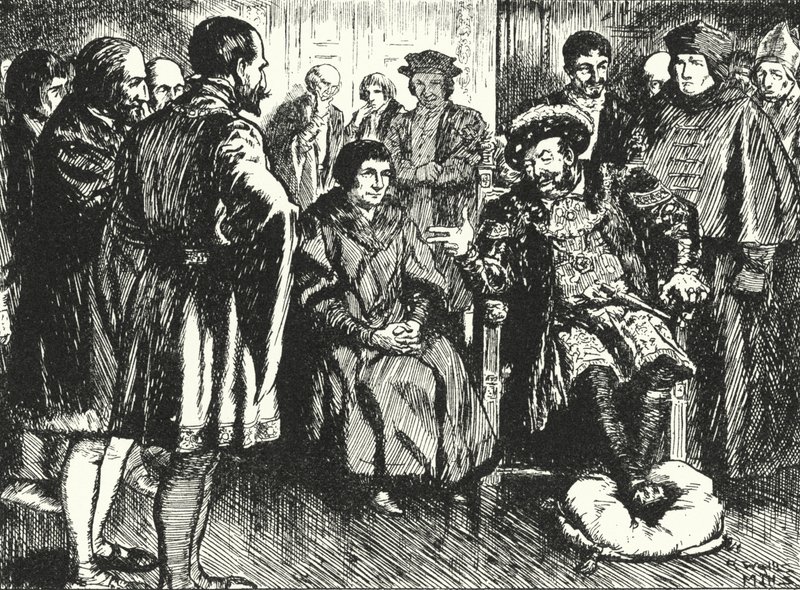 Sir Thomas More ved hoffet til Henry VIII, motsetter seg kongens forsøk på å få ham til å si noe for å underholde ham av Alfred Wallis Mills