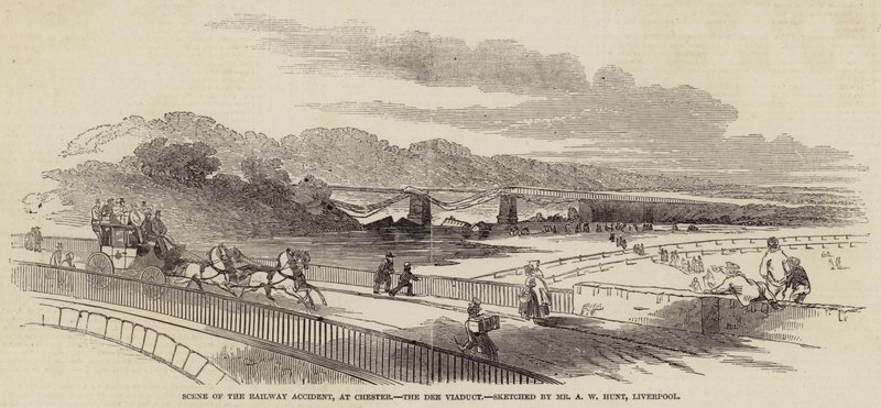 Scene for jernbaneulykken, ved Chester, Dee Viaduct av Alfred William Hunt