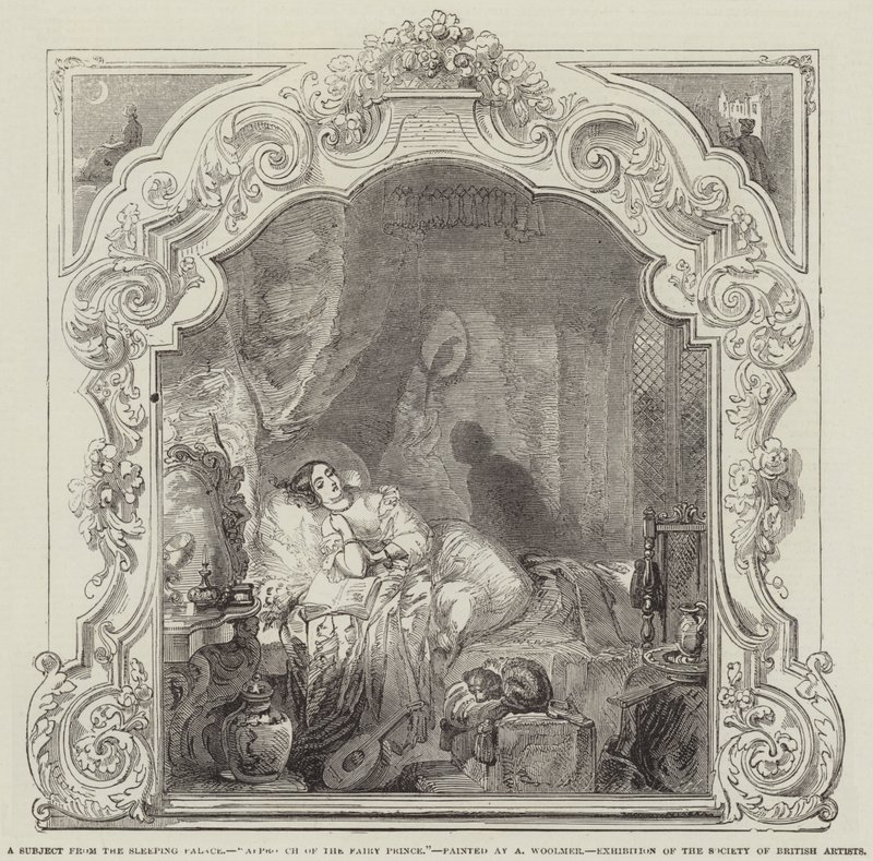Et emne fra Sleeping Palace, Fairy Princes tilnærming, utstilling fra Society of British Artists av Alfred Woolmer