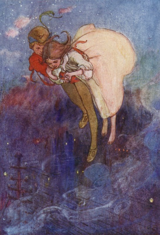 Borte fløt de (farge litho) av Alice Bolingbroke (after) Woodward