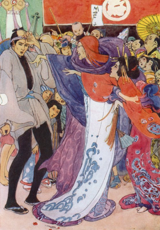 Illustrasjon for The Story of The Mikado (farge litho) av Alice Bolingbroke (after) Woodward