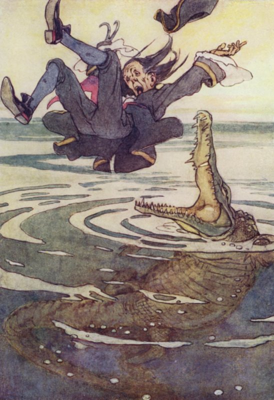 Rett inn i krokodillens kjever! (farge litho) av Alice Bolingbroke (after) Woodward