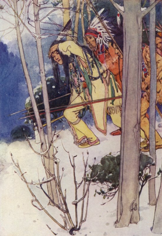 Indianerne krøp lydløst opp (farge litho) av Alice Bolingbroke (after) Woodward