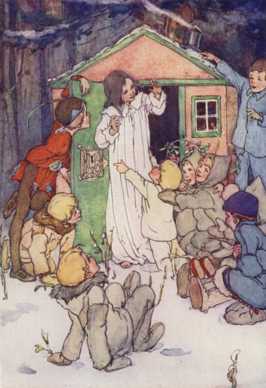 The Lost Boys knelte foran henne (farge litho) av Alice Bolingbroke (after) Woodward