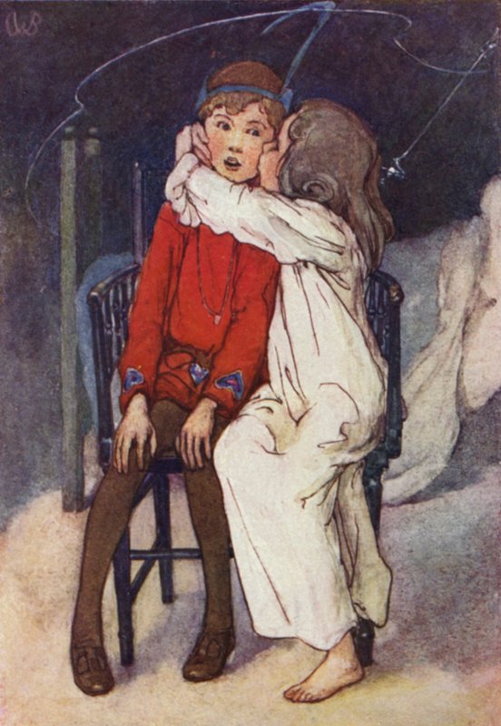 Wendy kysset forsiktig kinnet hans (farge litho) av Alice Bolingbroke (after) Woodward