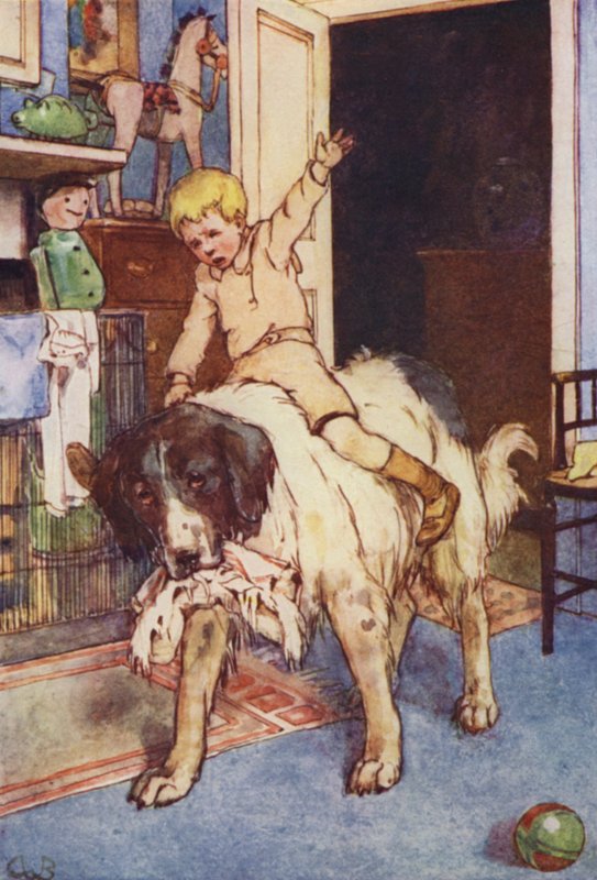 Med Michael sittende på ryggen (farge litho) av Alice Bolingbroke (after) Woodward