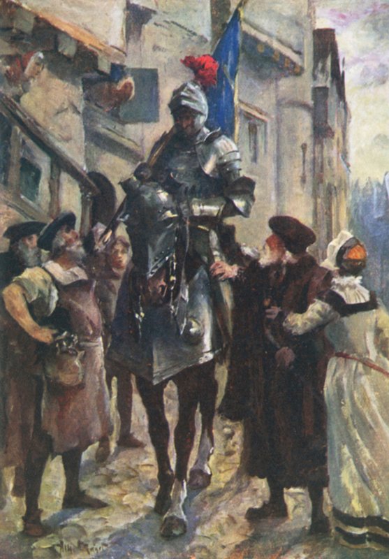En budbringer fra Flodden som bringer de dårlige nyhetene til Edinburgh (farge litho) av Allan (after) Stewart