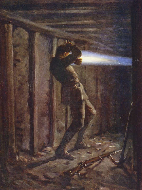 En tunge av blå flamme som skyter ut fra fiendens side av et gruvegalleri og brenner alvorlig menig T Bytheway, 20. oktober 1915 (farge litho) av Allan (after) Stewart