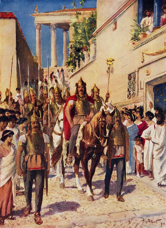 Alaric kommer inn i Athen (farge litho) av Allan (after) Stewart
