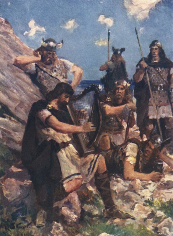 Utkledd som en gammel bard kom kong Alfred til leiren til de heftige danskene (farge litho) av Allan (after) Stewart