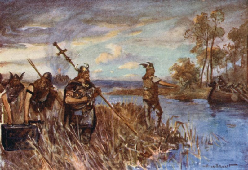 Ely plyndret og brent av danskene (farge litho) av Allan (after) Stewart