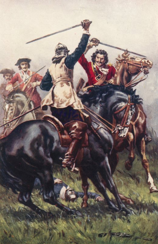 Kamp mellom en Ironside og en Cavalier (farge litho) av Allan (after) Stewart