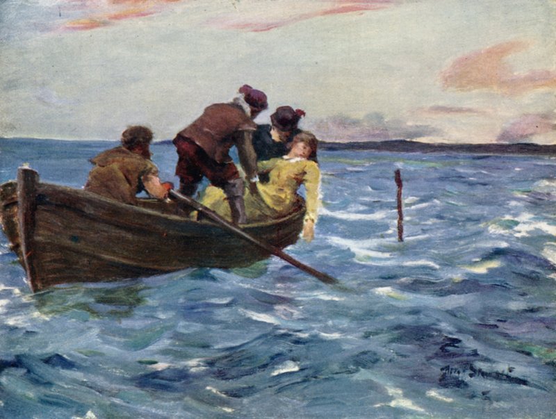 Vennlige hender løftet henne opp i båten (farge litho) av Allan (after) Stewart