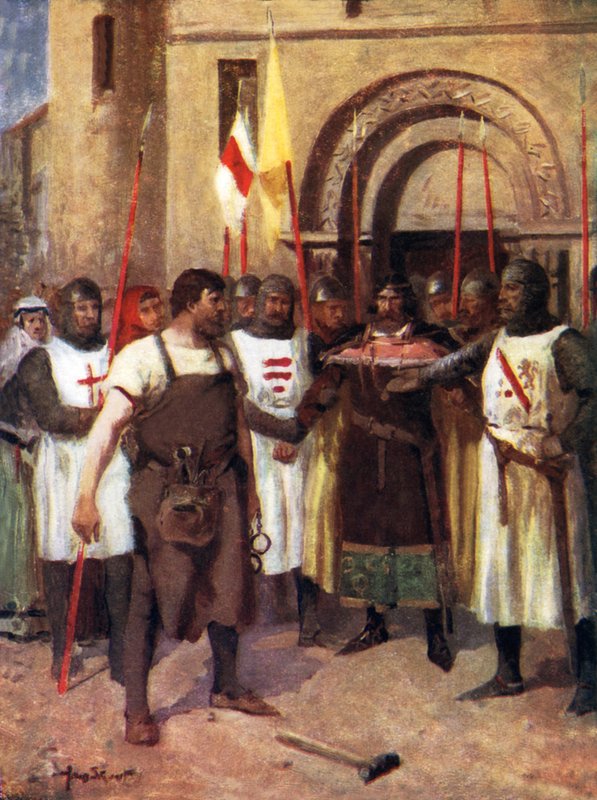 Hubert de Burgh og smeden (farge litho) av Allan (after) Stewart