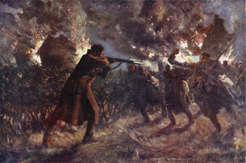 Menig James Meston angrep, på egenhånd, flere av fienden som rykket frem etter å ha erobret en britisk skyttergrav, First Battle of Ypres, 31. oktober 1914 (farge litho) av Allan (after) Stewart