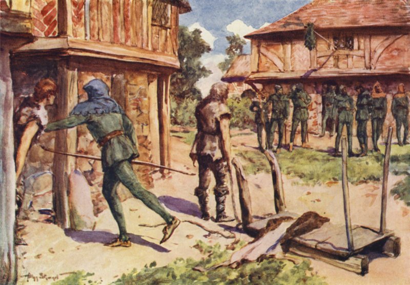 Robin Hood and his Merry Men: How Robin Hood ble en fredløs (farge litho) av Allan (after) Stewart