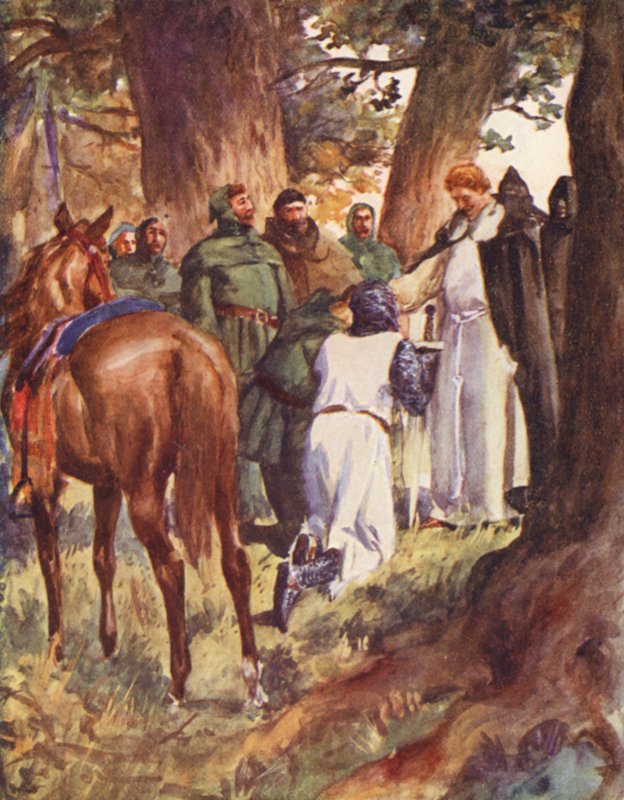 Robin Hood and his Merry Men: King Richard gjenkjent (farge litho) av Allan (after) Stewart