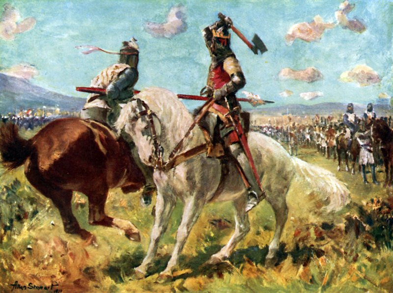 Kampen mellom kong Robert the Bruce og Sir Henry de Bohun ved Bannockburn (farge litho) av Allan (after) Stewart