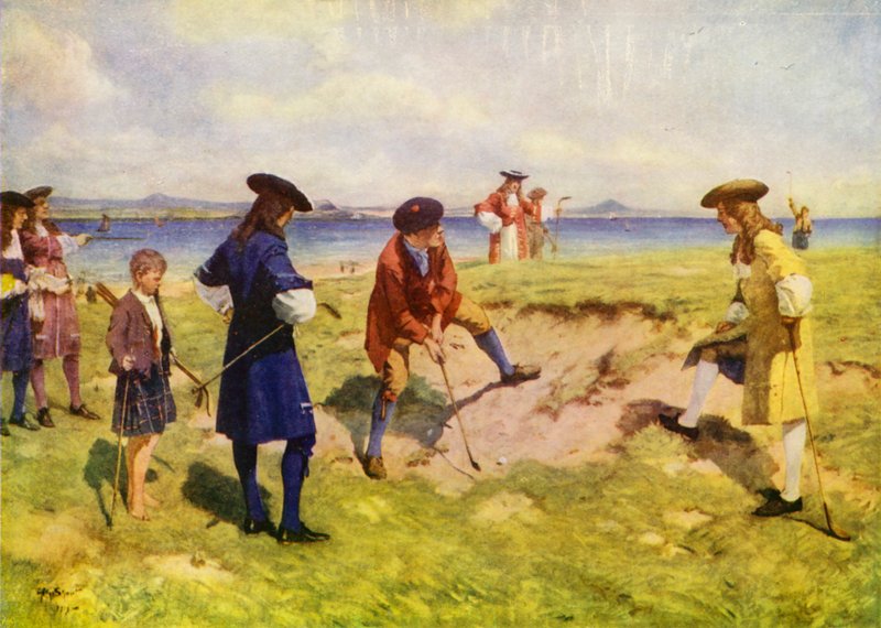 Den første internasjonale fireren, golfere på 1600-tallet (farge litho) av Allan (after) Stewart