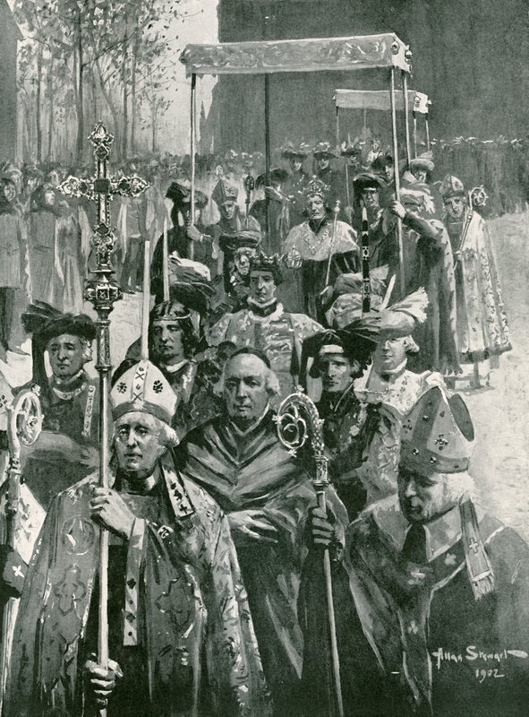 Prosesjonen fra klosteret til hallen ved kroningen av Richard III og Anne av Warwick (lito) av Allan (after) Stewart
