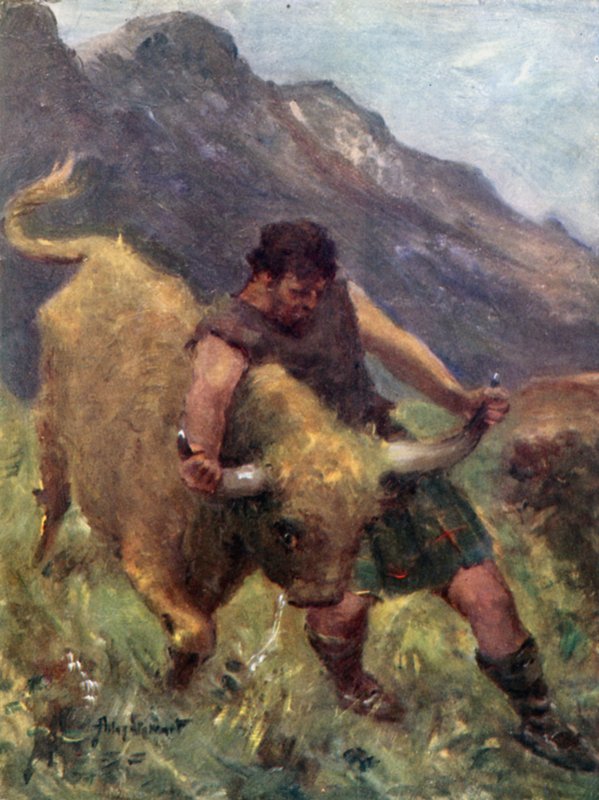 Da han brøt med den, løsnet et av hornene i hendene hans (farge litho) av Allan (after) Stewart