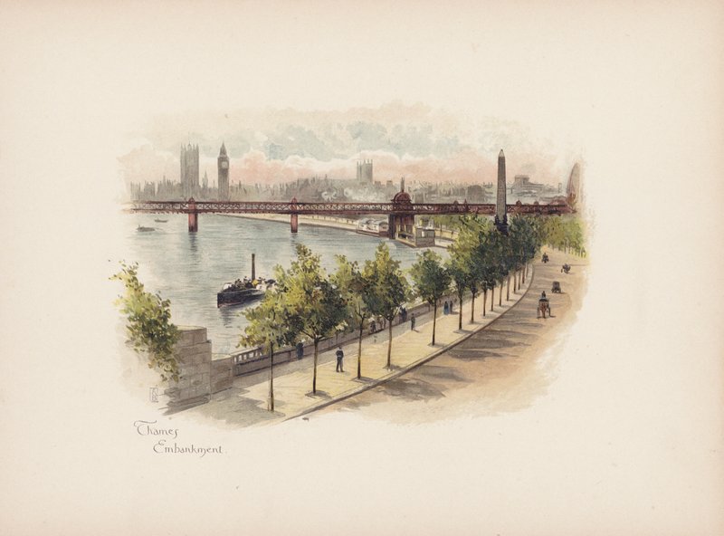 Kjent London: Thames Embankment (fargelitografi) av Allan F. Barraud