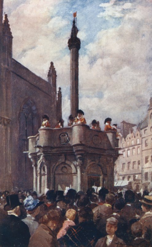 En kongelig erklæring fra Mercat Cross (farge litho) av Allan Stewart