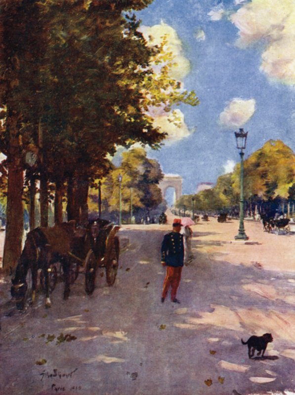 Paris: Champs-Elysees og Triumfbuen (litho-farge) av Allan Stewart