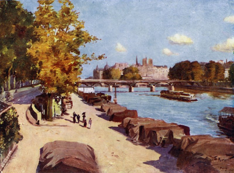 Paris: Seinen og Ile de la Cite fra Pont du Carrousel (farge litho) av Allan Stewart