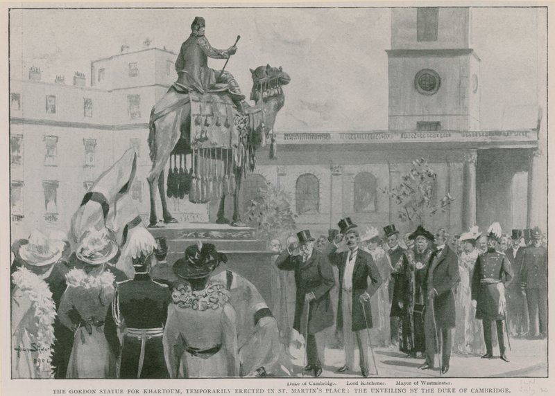 Gordon-statuen for Khartoum, midlertidig reist i St. Martin#39;s Place (litografi) av Allan Stewart