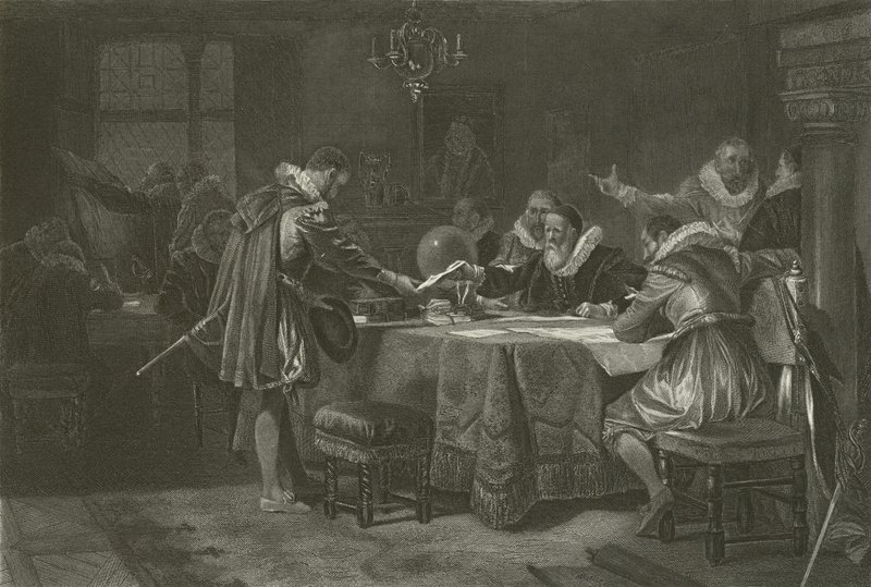 Henry Hudson mottok sin kommisjon fra det nederlandske østindiske kompani, 1609 av Alonzo Chappel