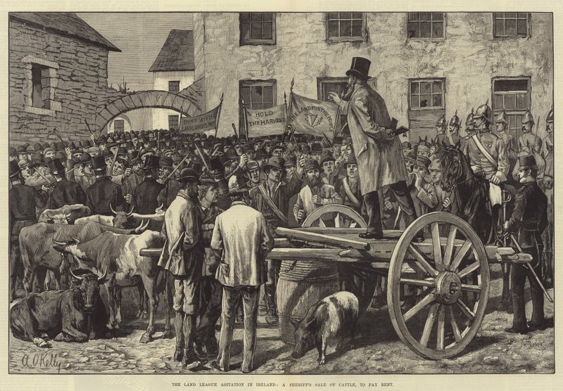 Land League Agitation i Irland, en sheriffs salg av storfe, for å betale husleie av Aloysius O