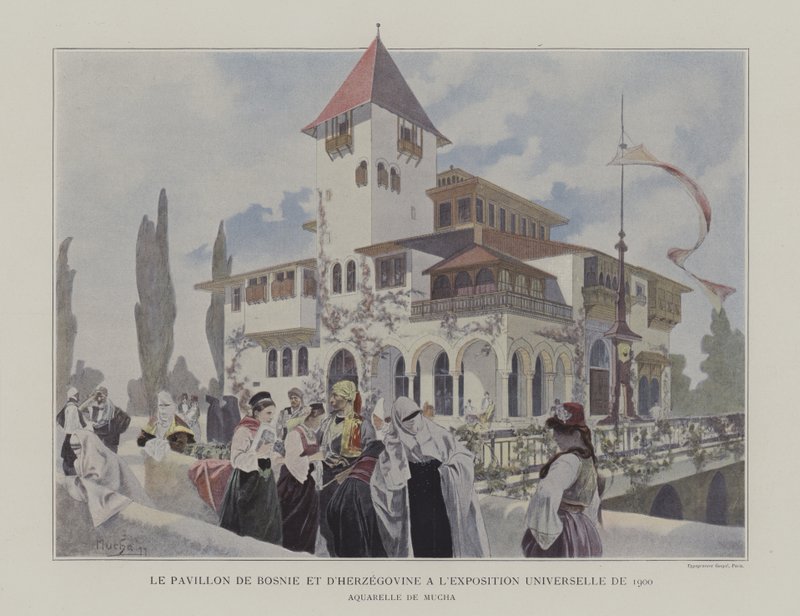 Paviljongen i Bosnia-Hercegovina ved Exposition Universelle 1900, Paris (farge litho) av Alphonse Marie (after) Mucha