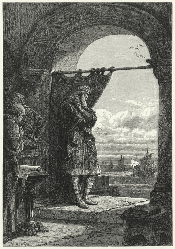 Karl den Store ser engstelig på hvordan skip som frakter normanniske raidere nærmer seg (gravering) av Alphonse Marie de (after) Neuville