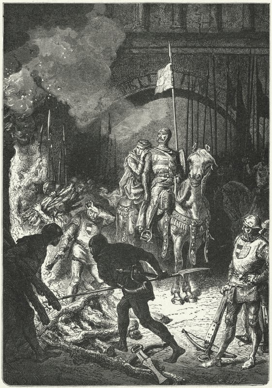 El Cid, akkompagnert av sin kone Dona Jimena, fører tilsyn med byggingen av begravelsesbålet til Ahmed, den mauriske kongen av Valencia av Alphonse Marie de (after) Neuville