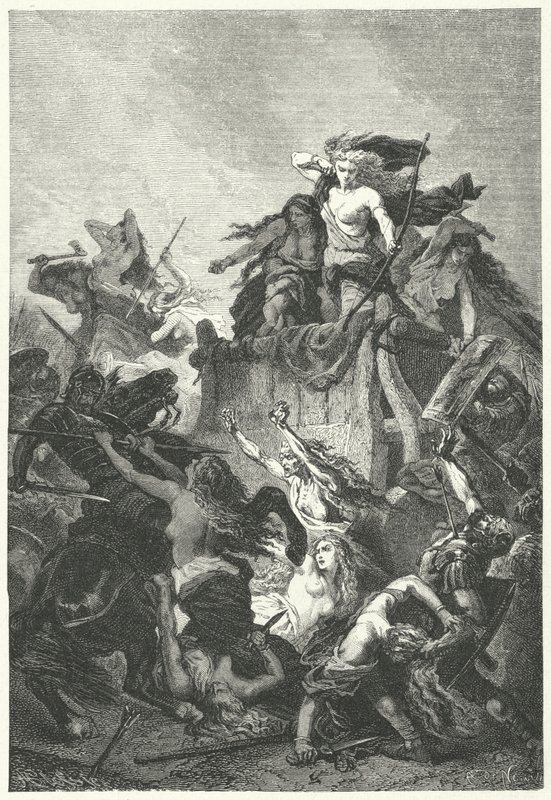 Germanske kvinner forsvarer leiren sin til døden (gravering) av Alphonse Marie de (after) Neuville