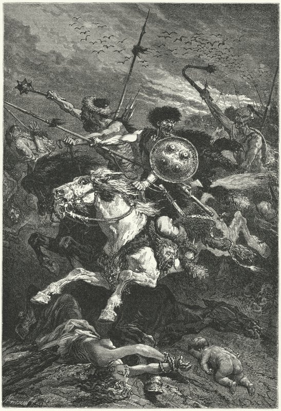Huner som lader i slaget ved Chalons, 451 (gravering) av Alphonse Marie de (after) Neuville