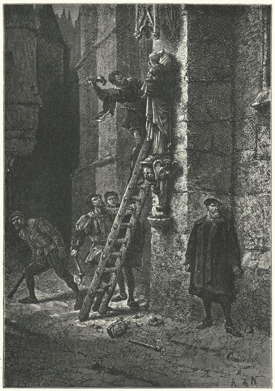Protestanter ødelegger en statue av jomfruen og barnet på Notre Dame, Paris av Alphonse Marie de (after) Neuville