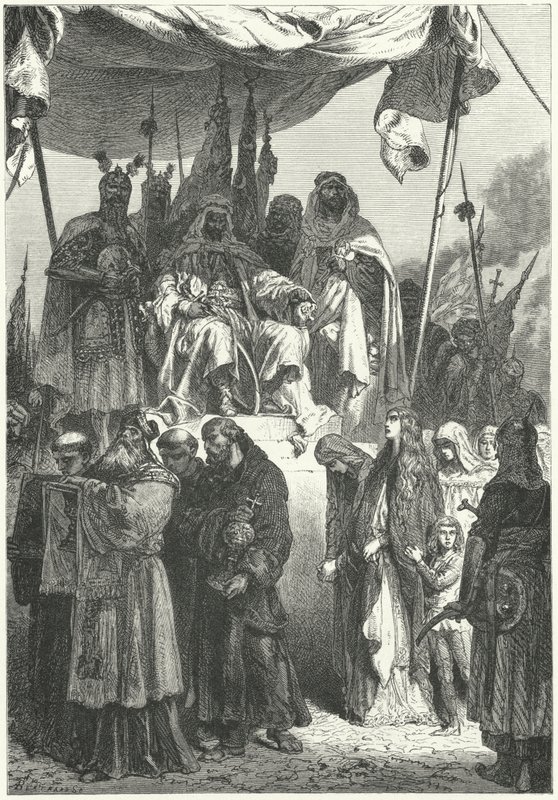 Saladin ser på fangede kristne gå forbi etter at han erobret Jerusalem av Alphonse Marie de (after) Neuville