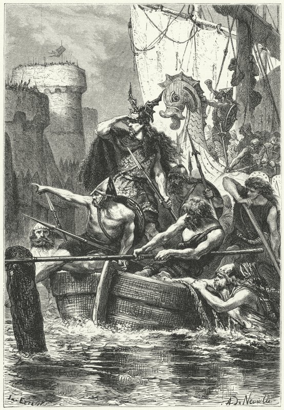 Den normanniske flåten angriper Paris, 885 (gravering) av Alphonse Marie de (after) Neuville