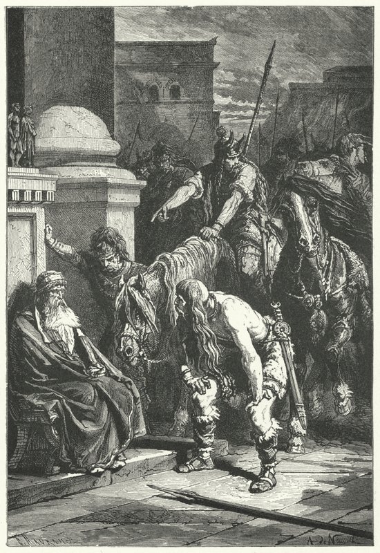 Døden til den romerske konsulen Marcus Papirius i den galliske sekken av Roma, 387 f.Kr. (gravering) av Alphonse Marie de (after) Neuville