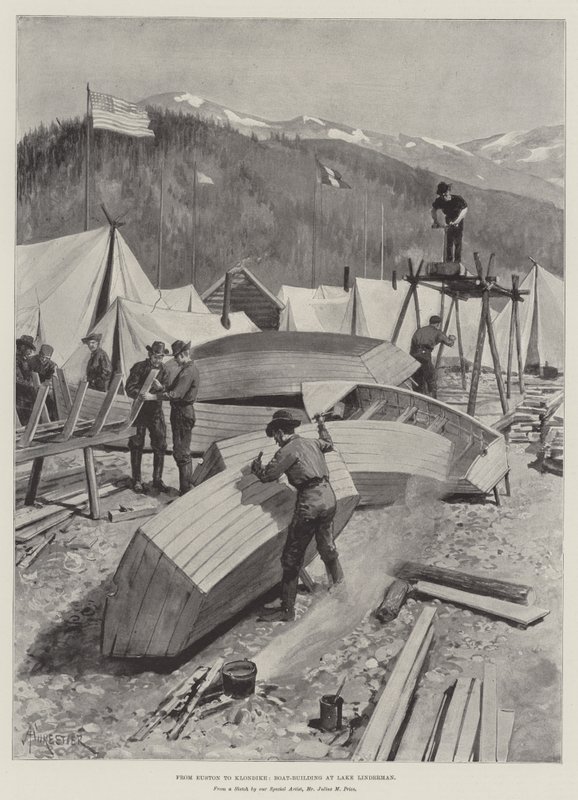 Fra Euston til Klondike, båtbygging ved Linderman-sjøen av Amedee Forestier